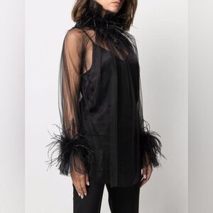 Styland Ostrich Feather Sheer Long Sleeve Blouse Top Size M